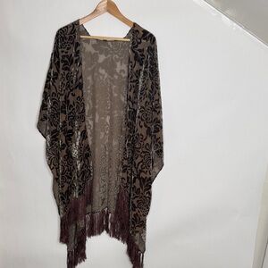 Chic Black and Brown Floral Kimono with Fringe